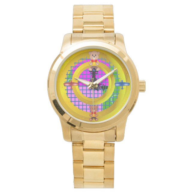 Gold Ring Plane Bowtie Teddy Bear Geometric Watch (Front)