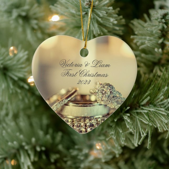 Gold Rings 1st First Christmas Name Elegant Script Ceramic Tree Decoration (Tree)