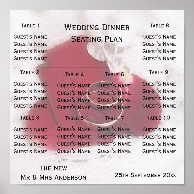 Gold Rings Rose Petals Design Wedding Seating Poster (Front)
