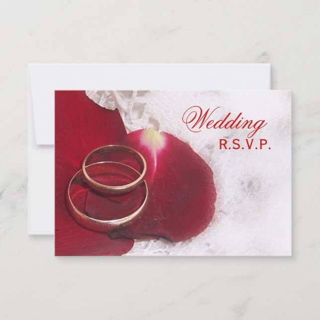 Gold Rings Rose Petals Wedding RSVP Card (Front)