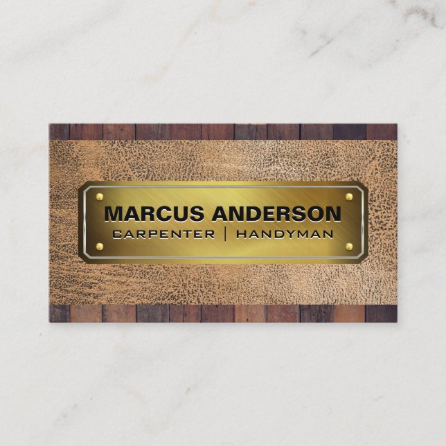 Gold Riveted Plate | Wood Leather Business Card (Front)