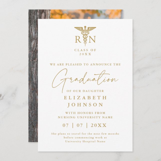 Gold RN Nursing Graduation Photo Announcement (Front/Back)
