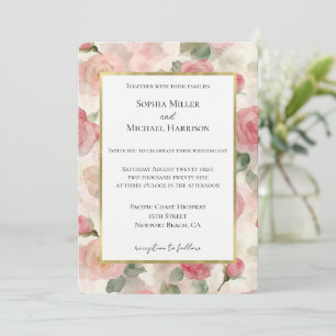 Gold Romantic Blush Pink Roses Floral Wedding Invitation