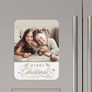 Gold Romantic Calligraphy Merry Christmas Photo Magnet