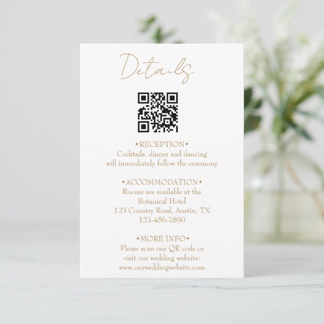 Gold Romantic Calligraphy QR Code Wedding Details  Enclosure Card (Standing Front)