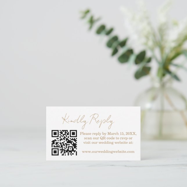 Gold Romantic Calligraphy Wedding QR Code RSVP  Enclosure Card (Standing Front)