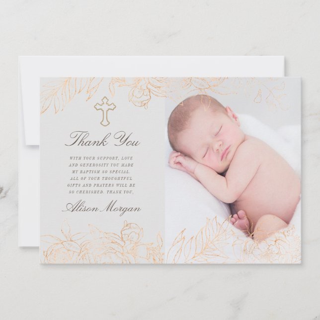 gold romantic floral baptism thank you card (Front)