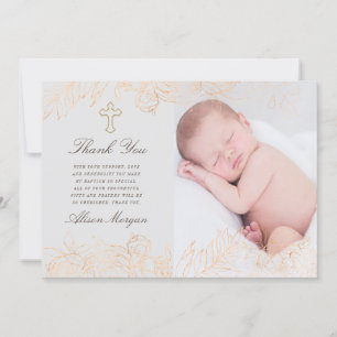 gold romantic floral baptism thank you card