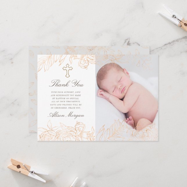 Gold Romantic Floral Baptism Thank You Card (Front/Back In Situ)