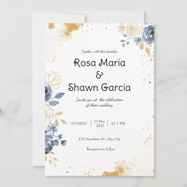  Gold Romantic Floral Wedding Invitation (Front)