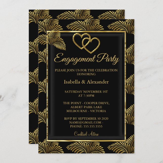 Gold Romantic Heart Engagement Party Palms Invitation (Front/Back)