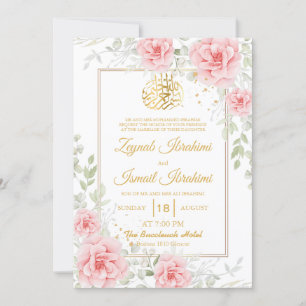 Gold Romantic Pink Floral Islamic Muslim Wedding Invitation