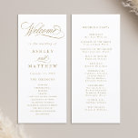 Gold Romantic Swirly Calligraphy Wedding Ceremony Programme<br><div class="desc">This gold and white wedding ceremony program featuring elegant and romantic swirly calligraphy lettering with your names,  wedding date,  order of service,  and wedding party details. For more advanced customisation of this design,  please click the BLUE DESIGN TOOL BUTTON above!</div>