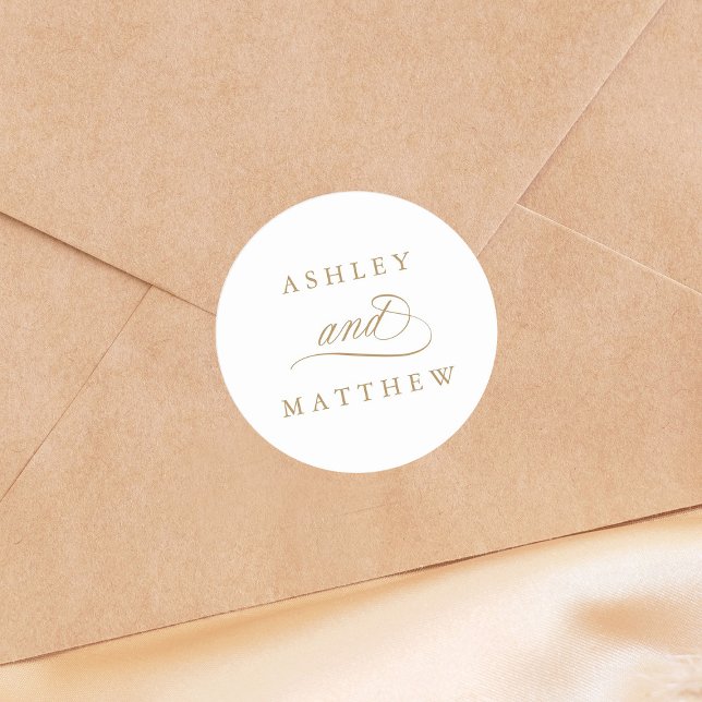 Gold Romantic Swirly Calligraphy Wedding Classic Round Sticker (Creator Uploaded)