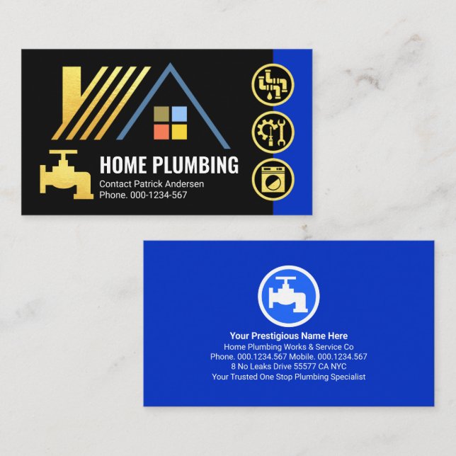 Gold Rooftop Faucet Plumbing Icons Business Card (Front/Back)