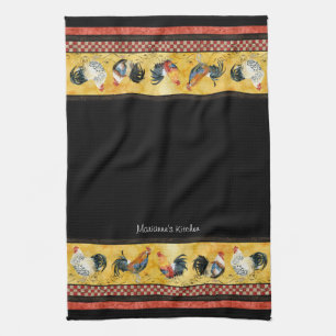 Gold Roosters Red & Tan Check Swirl Kitchen Tea Towel