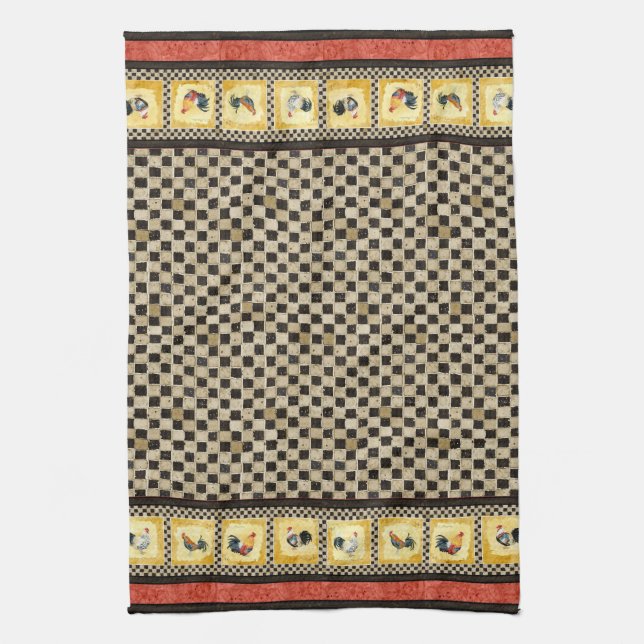 Gold Roosters Red & Tan Check Swirl Kitchen Tea Towel (Vertical)