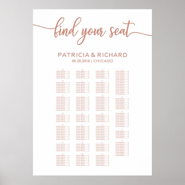 Gold Rose Alphabetical Wedding Seating Chart (Front)