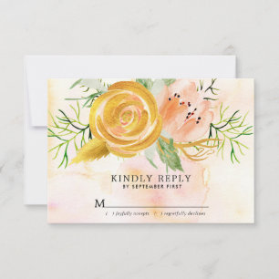 Gold Rose Blush Pink Peony Floral Wedding RSVP Card