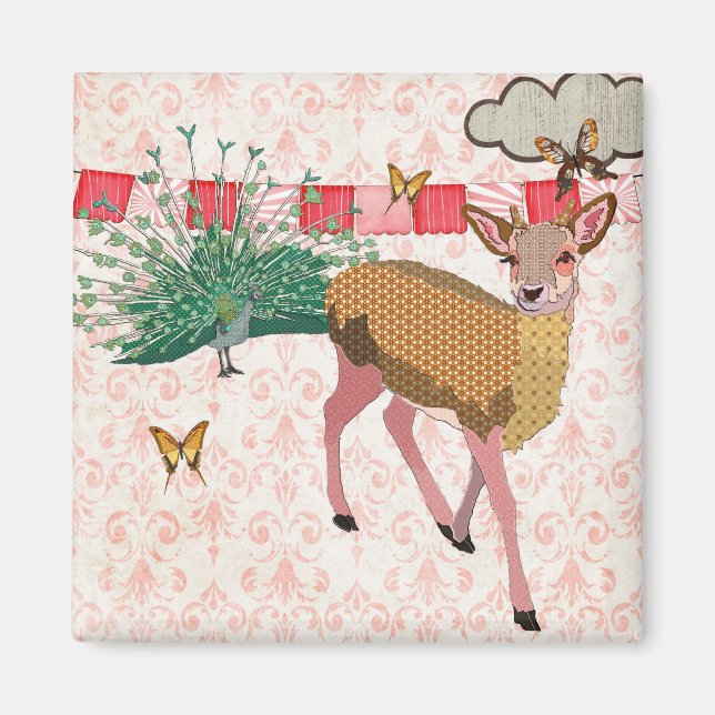 Gold Rose Deer & Peacock Pink Magnet (Front)