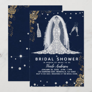 Gold Rose Diamond Wedding Dress Bridal Shower Blue Invitation