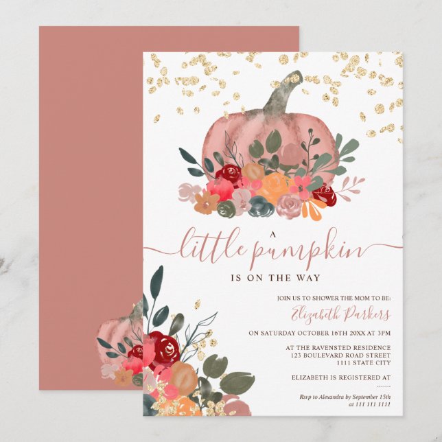 gold rose floral pumpkin watercolor baby shower  invitation (Front/Back)