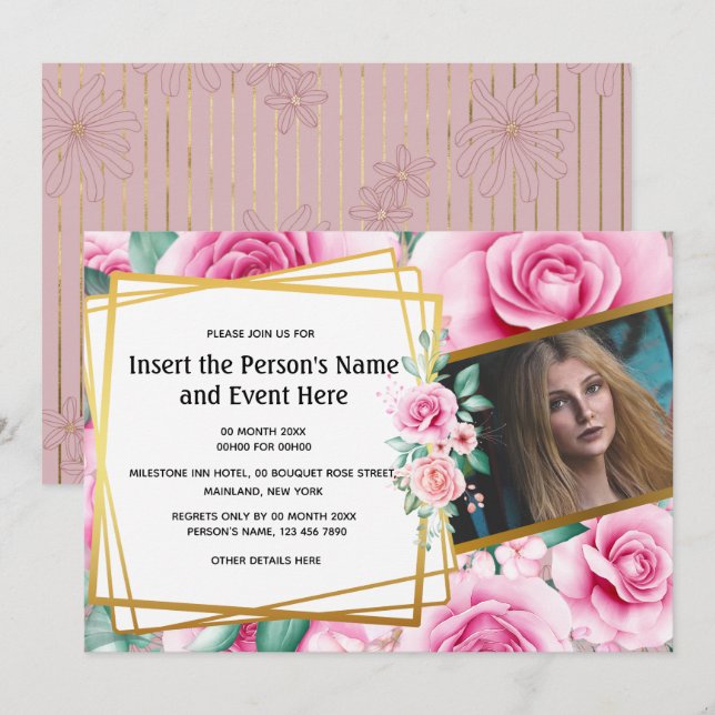 Gold rose geometric floral photo summer party invitation (Front/Back)