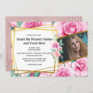 Gold rose geometric floral photo summer party invitation