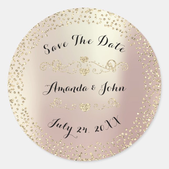 Gold Rose Glitter Save the Date Pink Blush Classic Round Sticker (Front)
