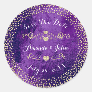 Gold Rose Glitter Save the Date Purple Plum Glass Classic Round Sticker