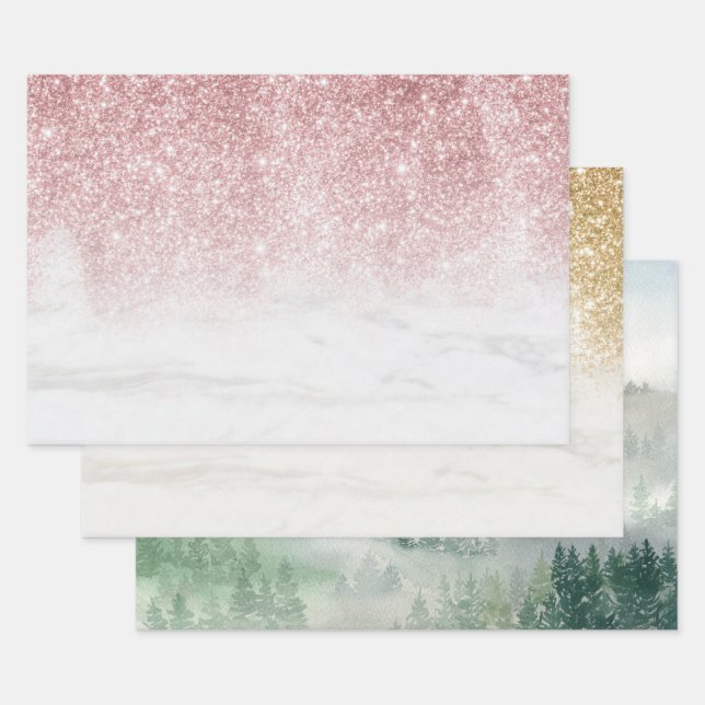 Gold | Rose Gold Glitter Marble | Forest Landscape Wrapping Paper Sheet (Set)