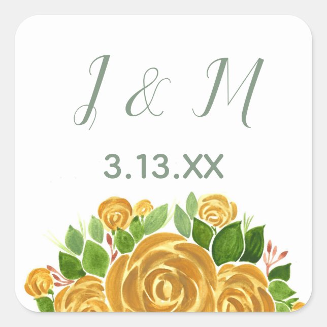 Gold Rose Initials and Date Square Sticker (Front)