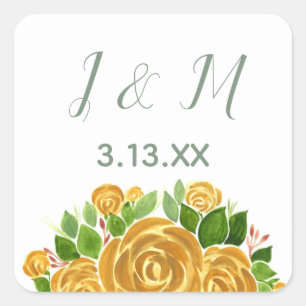 Gold Rose Initials and Date Square Sticker