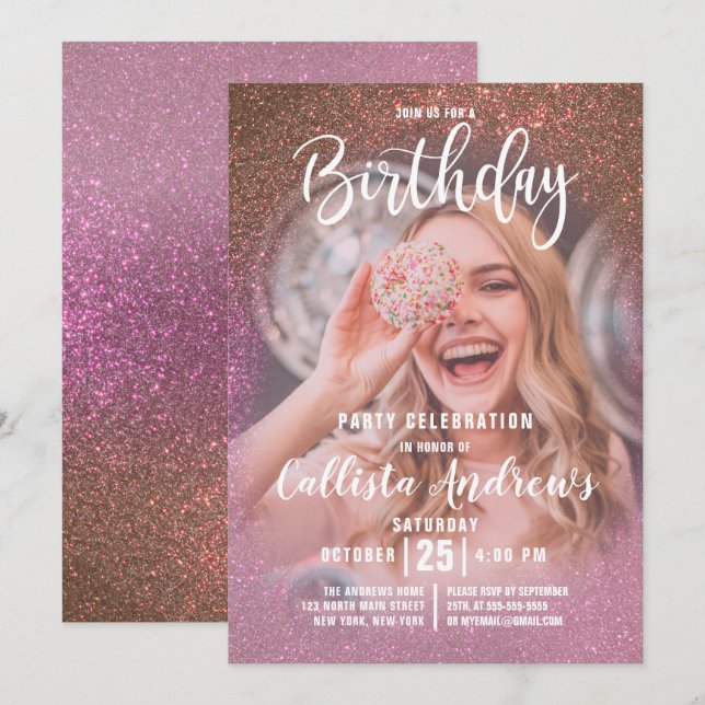 Gold Rose Pink Triple Glitter Ombre Photo Birthday Invitation (Front/Back)
