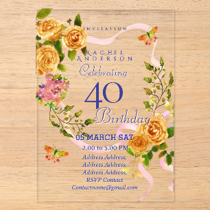 Gold Rose Ribbon 40th Birthday Invitation