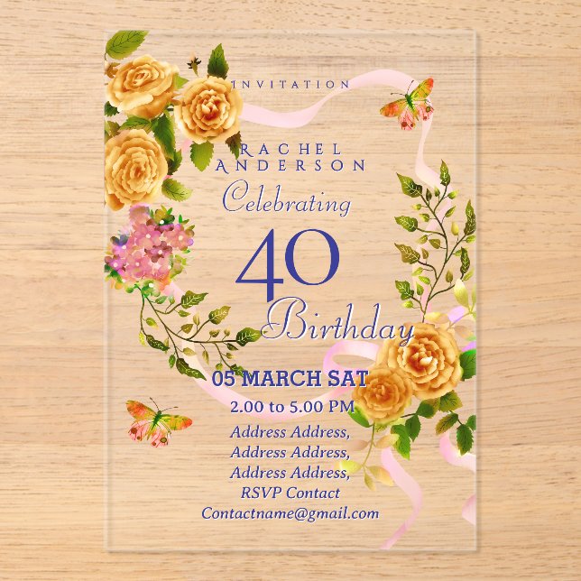 Gold Rose Ribbon 40th Birthday Invitation (Front)
