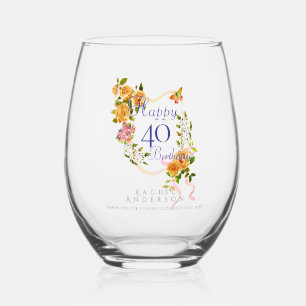 Gold Rose Ribbon 40th Birthday Stemless Wine Glass