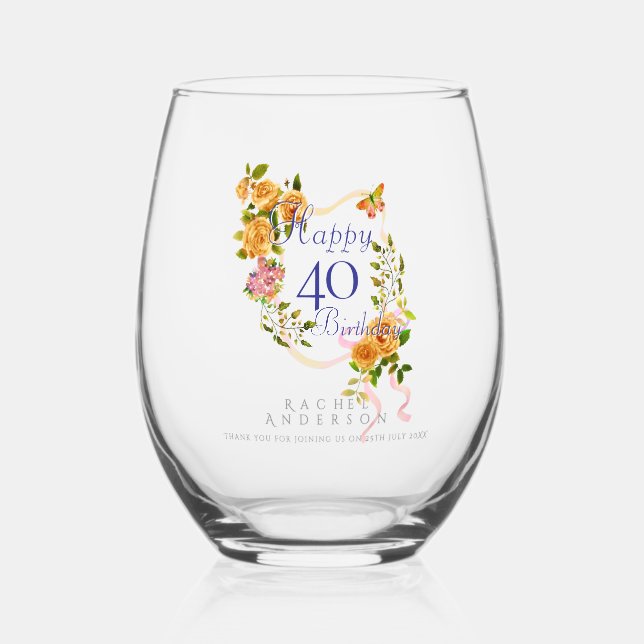 Gold Rose Ribbon 40th Birthday Stemless Wine Glass (Front)
