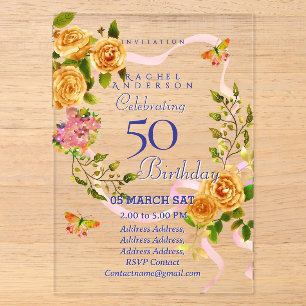 Gold Rose Ribbon 50th Birthday Invitation