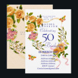 Gold Rose Ribbon 50th  Birthday Invitation<br><div class="desc">Lovely and elegant rose with butterfly.  You can changes the texts to your choice.
Suitabe for 40th,  50 th,  60th,  70th etc.</div>