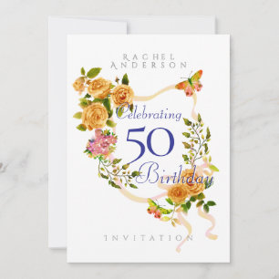 Gold Rose Ribbon 50th Birthday Invitation
