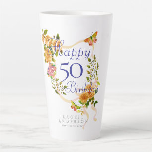 Gold Rose Ribbon 50th Birthday Latte Mug