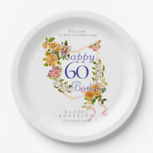 Gold Rose Ribbon 60th Birthday Paper Plate