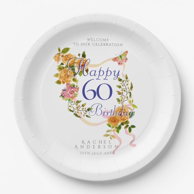 Gold Rose Ribbon 60th Birthday Paper Plate (Front)