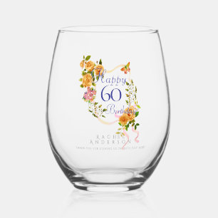 Gold Rose Ribbon 60th Birthday Stemless Wine Glass