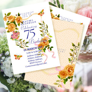 Gold Rose Ribbon 75th  Birthday Invitation