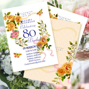 Gold Rose Ribbon 80th  Birthday Invitation