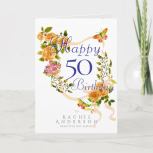 Gold Rose Ribbon Birthday Holiday Card
