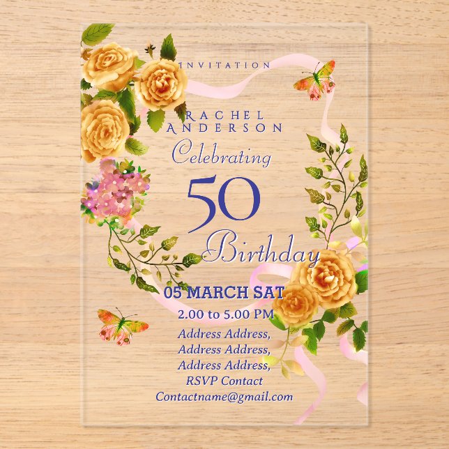 Gold Rose Ribbon Birthday Invitation (Front)