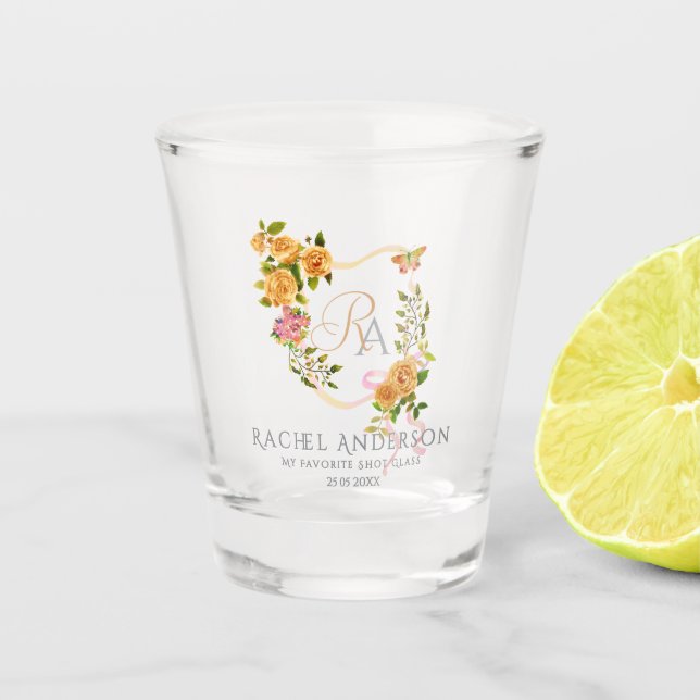 Gold Rose Ribbon Chic Monogram  Shot Glass (Front)